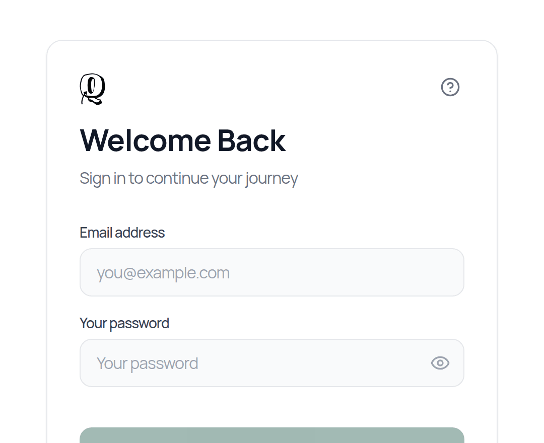 The Welcome Back screen: email and password, Sign In, then Continue with Apple, Google or Quran Foundation