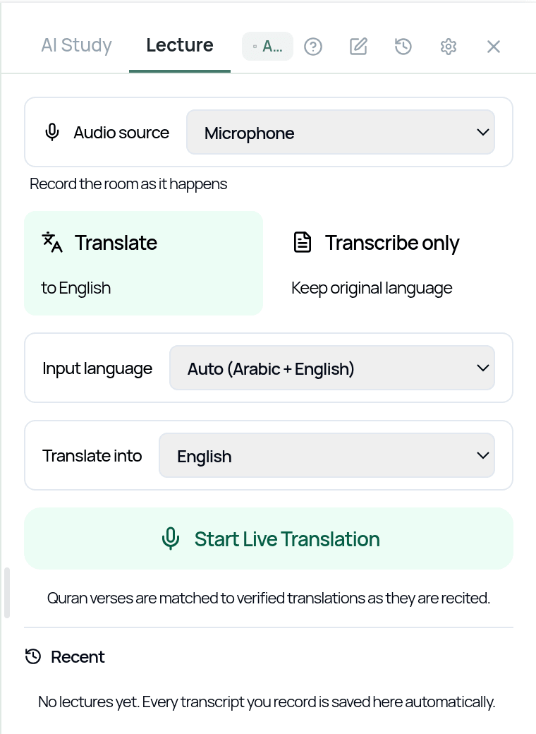 The Lecture tab: choose an audio source, translate or transcribe, pick languages, then start