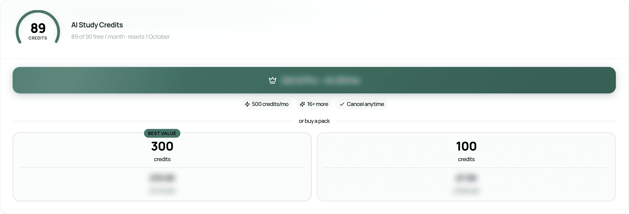 AI Study Credits in Settings, Plan: 89 credits left, 89 of 90 free this month, resetting on 1 October, with options to get AI Pro or buy a 300 or 100 credit pack (prices hidden)