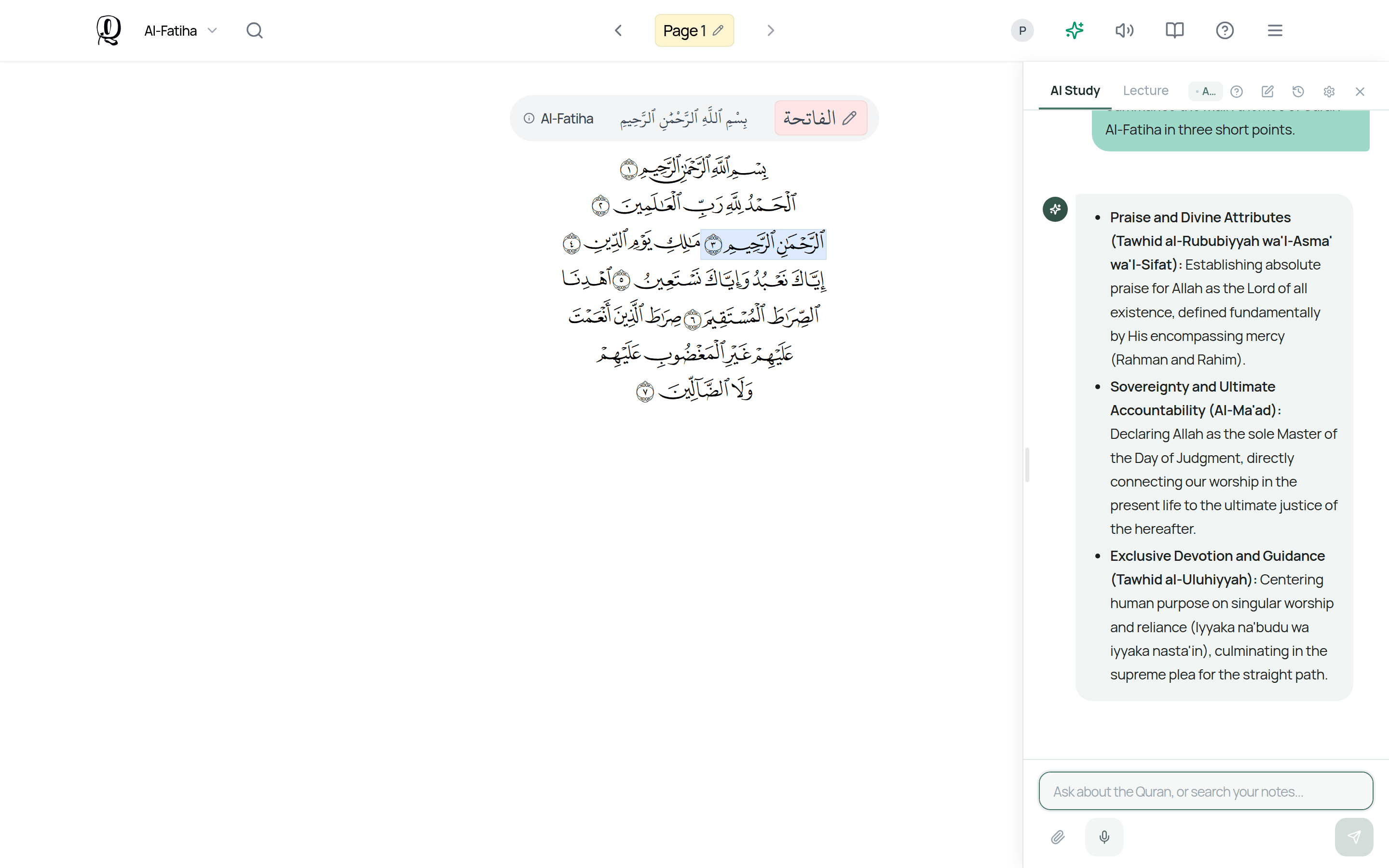 Surah Al-Fatiha open with the AI Study panel on the right, answering a request to summarise the surah's main themes in three points