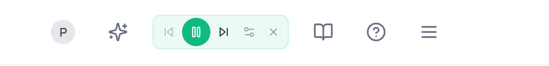 The audio player in the header: previous, pause, next, settings and close