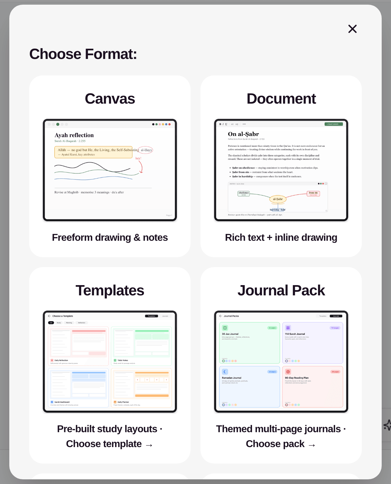 Choose Format: Canvas, Document, Templates and Journal Pack