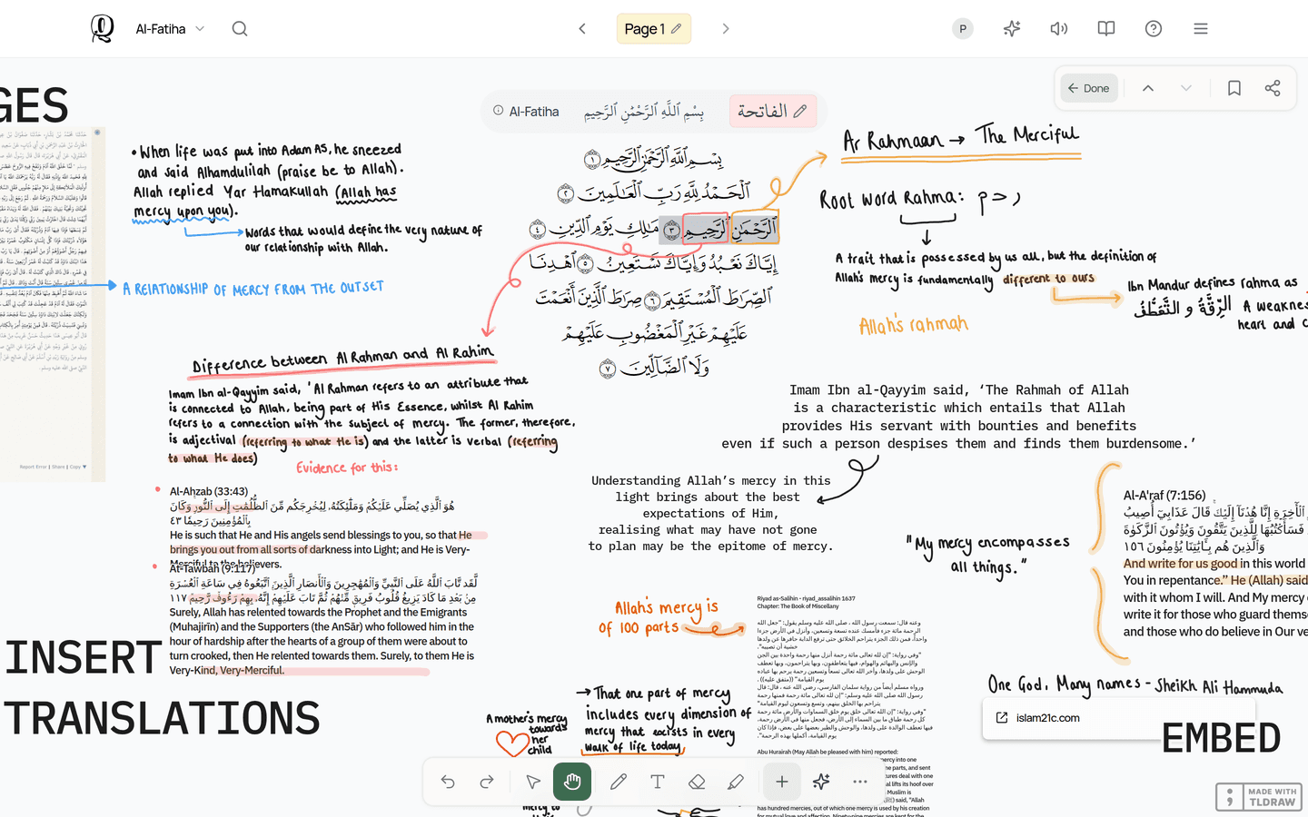 The verse 3 note opened again, full of handwritten notes, typed quotes and inserted ayahs around the surah