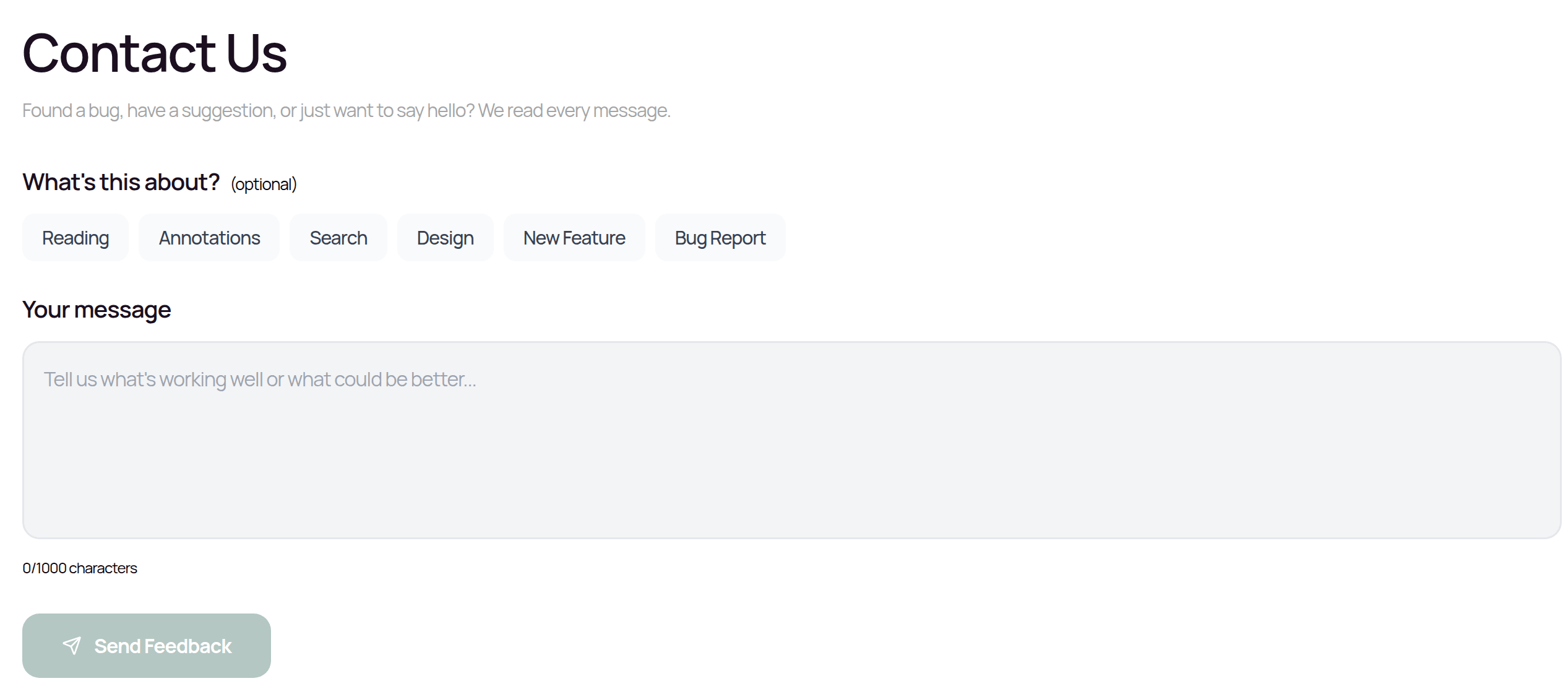Contact Us in Settings: topic buttons (Reading, Annotations, Search, Design, New Feature, Bug Report), a message box and a Send Feedback button