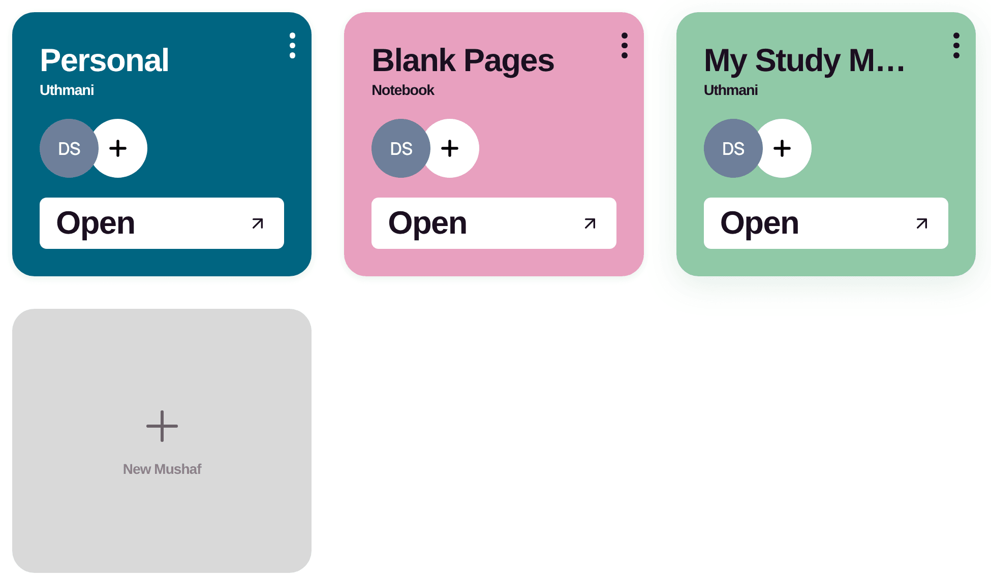 The dashboard after creating: a new green My Study Mushaf card sits next to Personal and Blank Pages