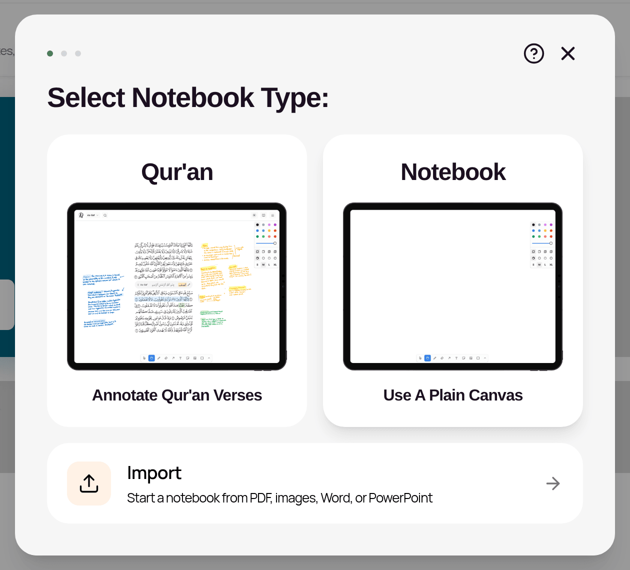 Step 1 of the wizard, Select Notebook Type, with Qur'an, Notebook and Import