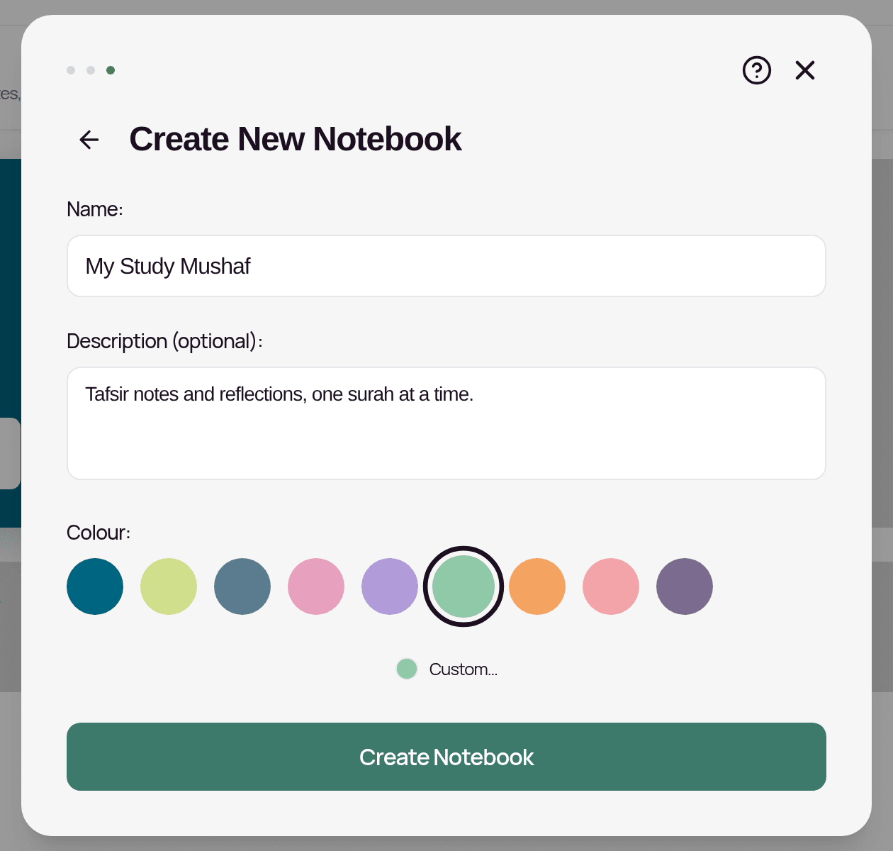 Step 3, Create New Notebook: the name My Study Mushaf, a short description, the colour choices and the Create Notebook button