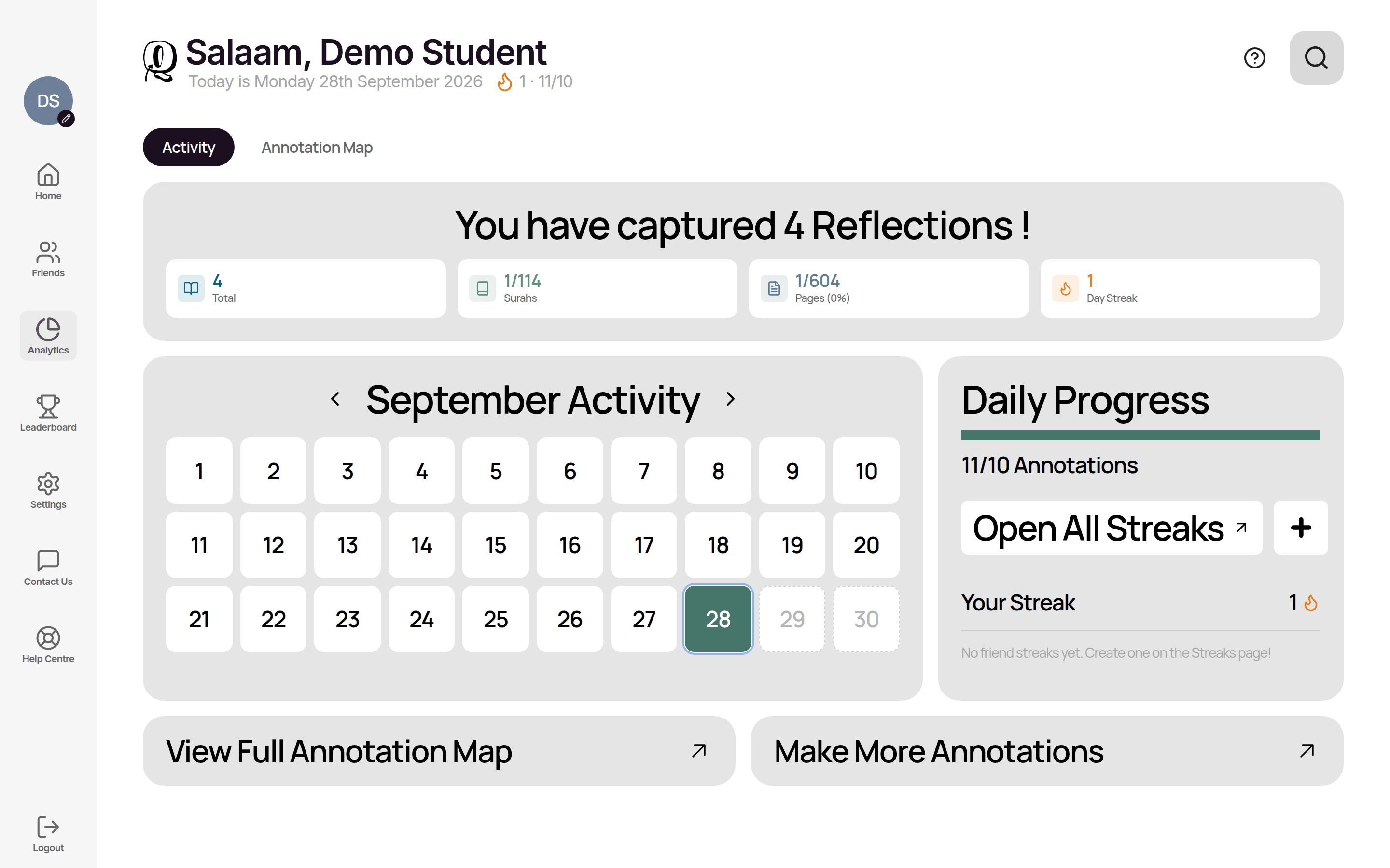 Analytics: 4 reflections captured, the September activity calendar, Daily Progress 11/10 annotations, Your Streak 1 and an Open All Streaks button