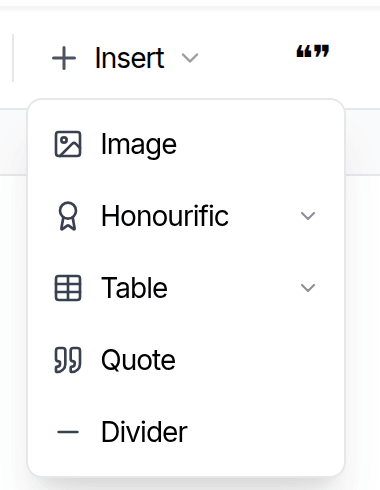 The Document Insert menu: Image, Honourific, Table, Quote and Divider