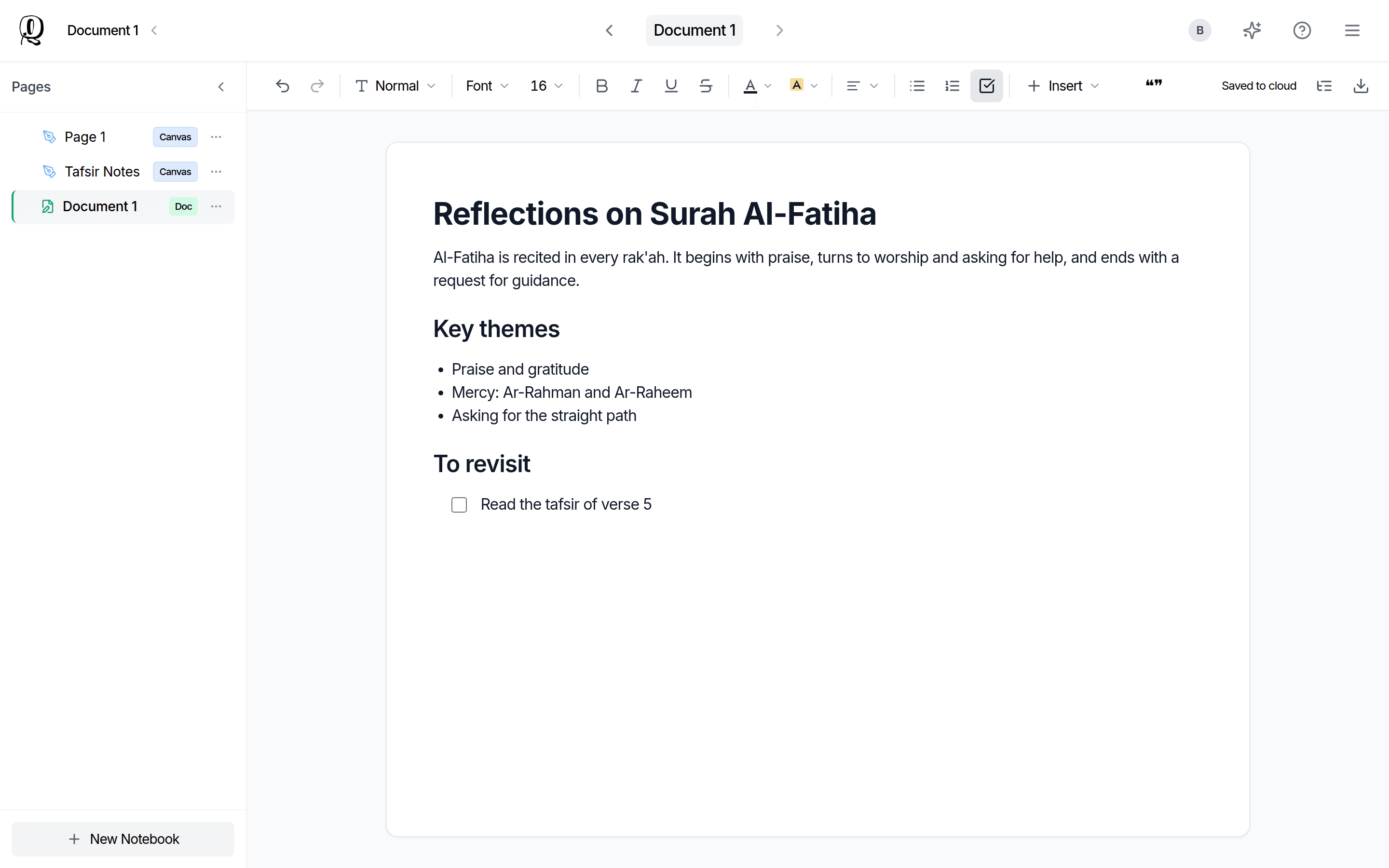 A Document titled Reflections on Surah Al-Fatiha, with a heading, a paragraph, a bullet list and a task list, and the formatting toolbar along the top