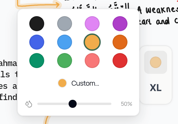 The Highlighter colour panel: 12 colours, Custom, and the opacity slider set to 50%