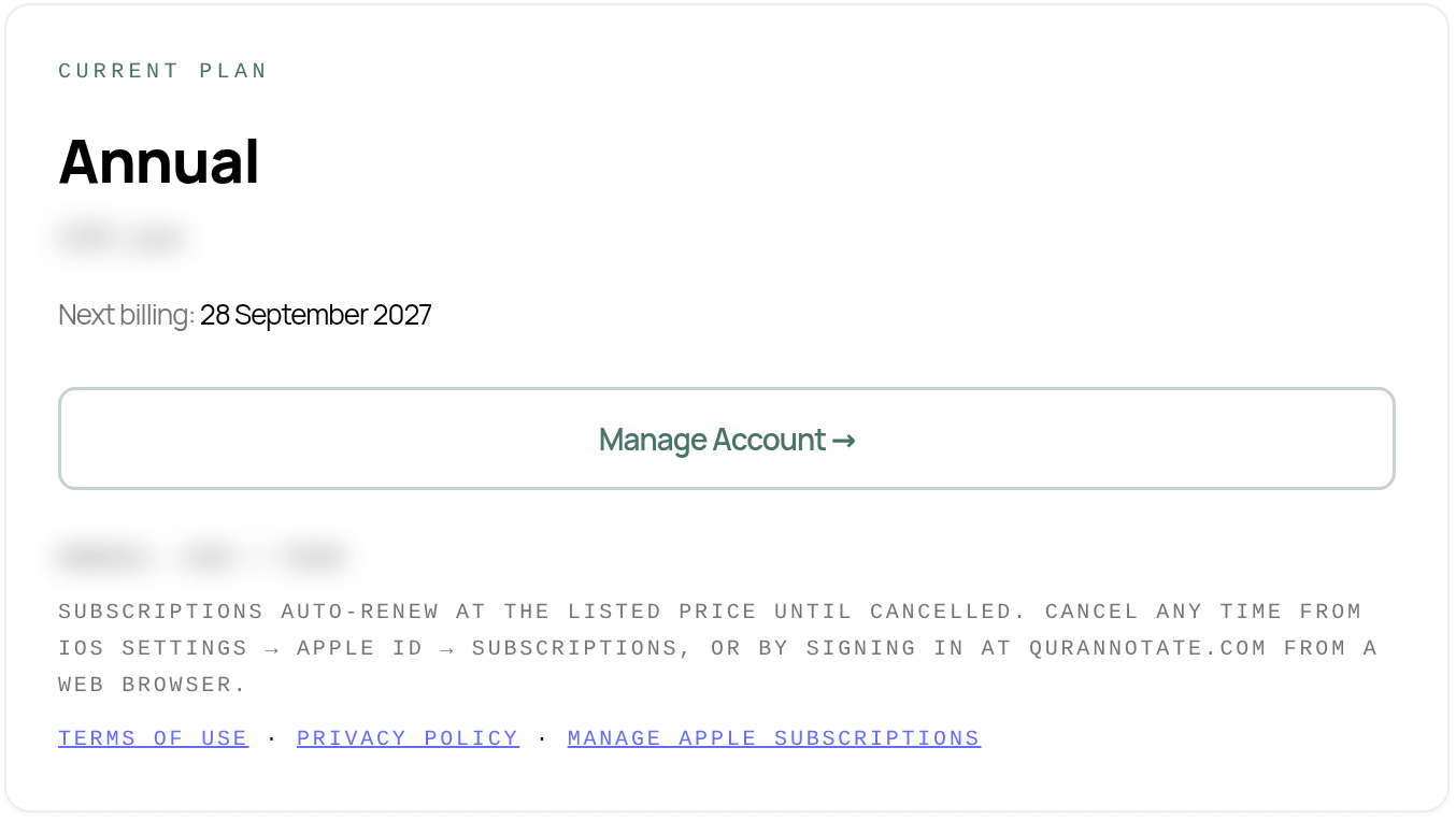 Settings, Plan tab on the web: the Current Plan card showing Annual, the next billing date and a Manage Account button (price hidden)