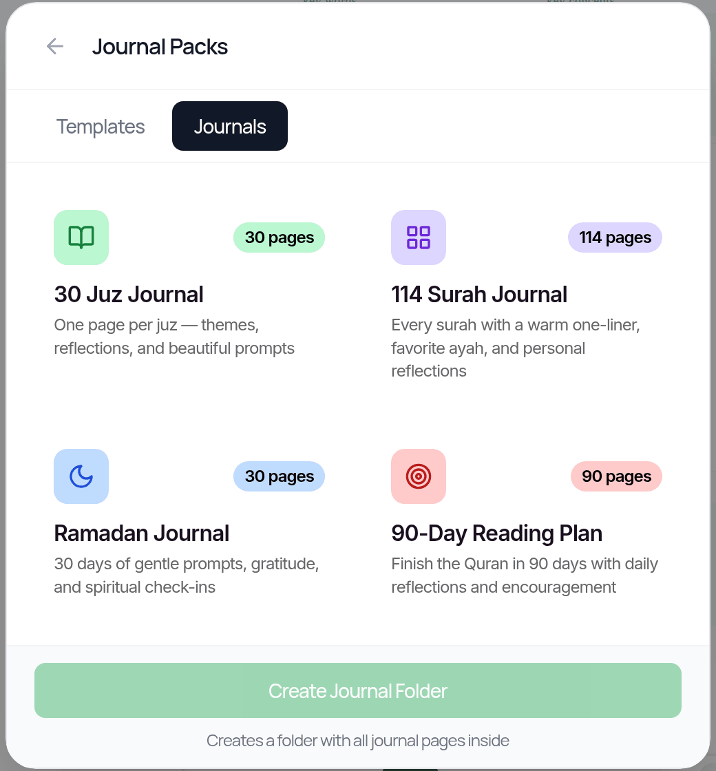 Journal Packs: 30 Juz Journal (30 pages), 114 Surah Journal (114 pages), Ramadan Journal (30 pages) and 90-Day Reading Plan (90 pages), with a Create Journal Folder button