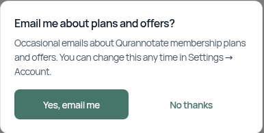 The one-time prompt Email me about plans and offers? with Yes, email me and No thanks buttons