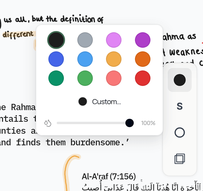 The Pen's colour panel: 12 colours, a Custom colour option and an opacity slider at 100%