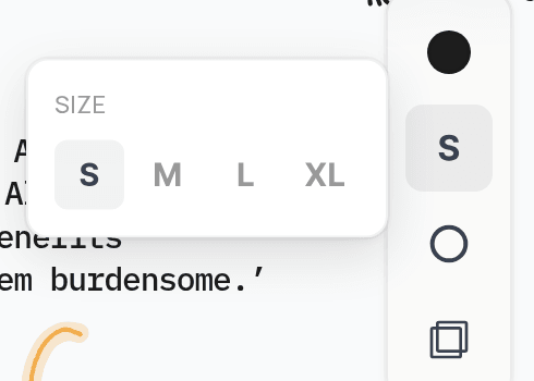 The Size menu with S, M, L and XL, next to the Pen's style bar