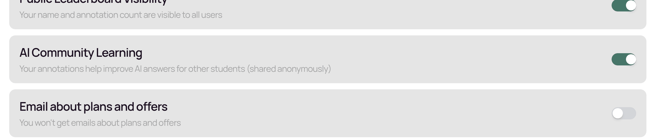 Privacy Settings: Public Leaderboard Visibility, AI Community Learning and Email about plans and offers, each with an on/off switch