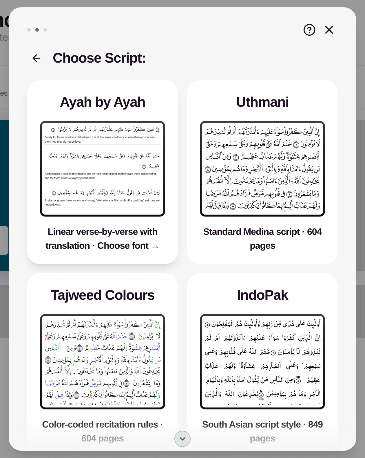 Choose Script: Ayah by Ayah, Uthmani, Tajweed Colours and IndoPak, each with a preview