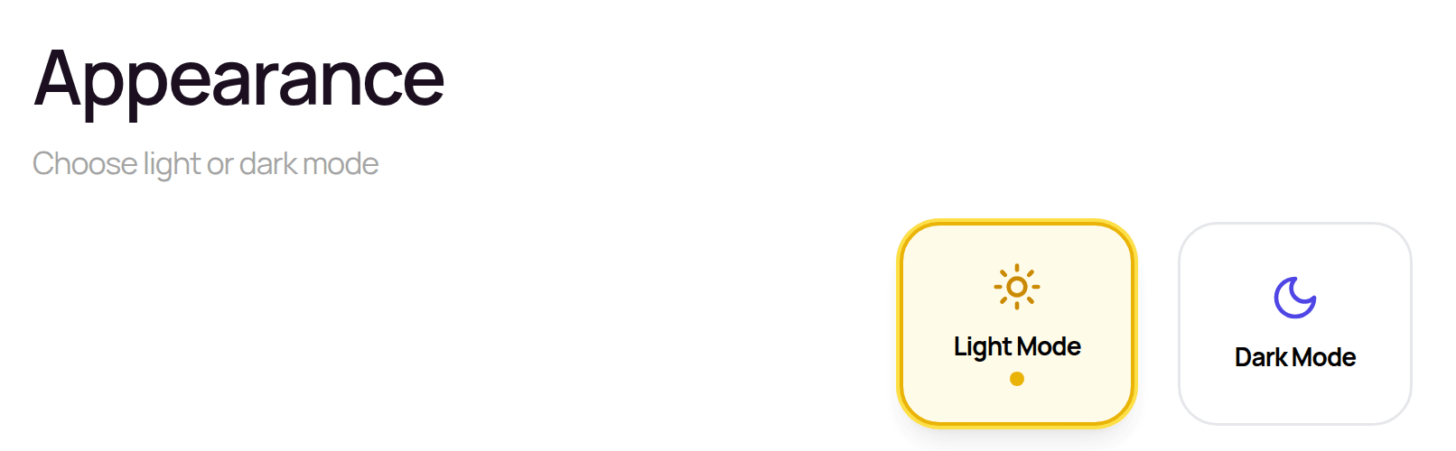 Settings, Theme tab: Appearance with Light Mode and Dark Mode