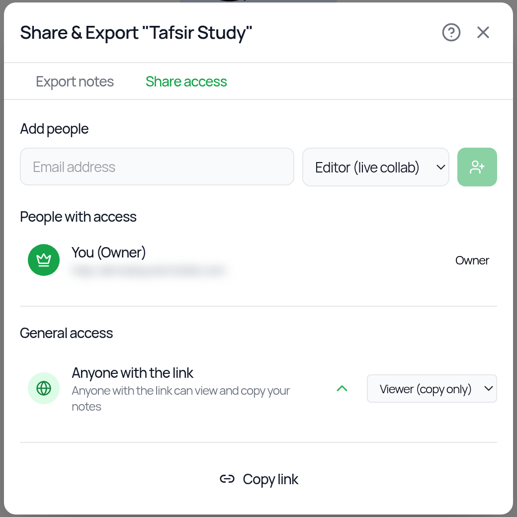 General access set to Anyone with the link, with the Viewer (copy only) role and a Copy link button